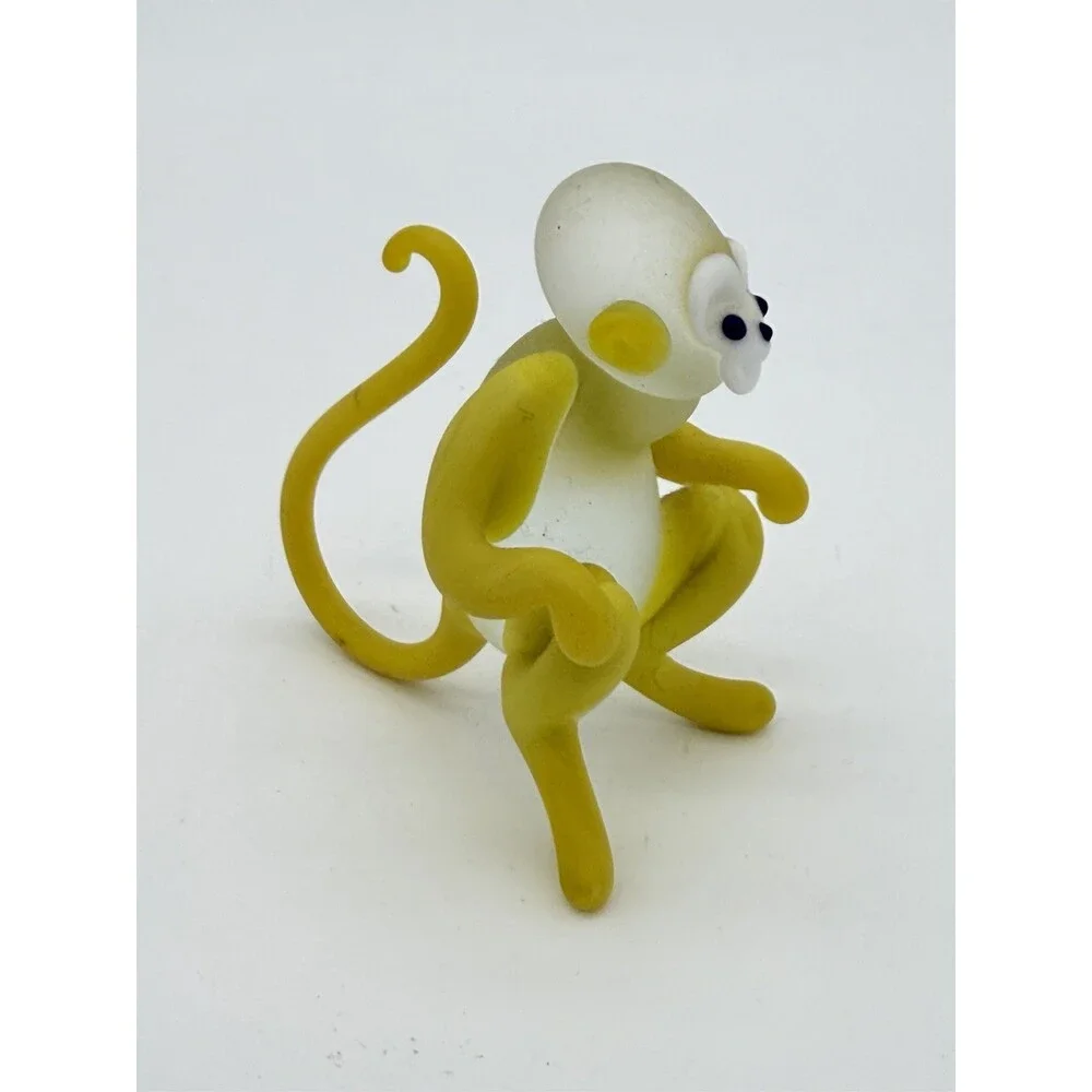 Vintage Hand Blown Art Glass Monkey Yellow White Frosted Figurine 2.5”H